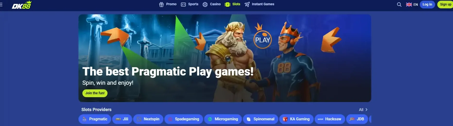 Casino lobby with the game category tabs used to find instant games