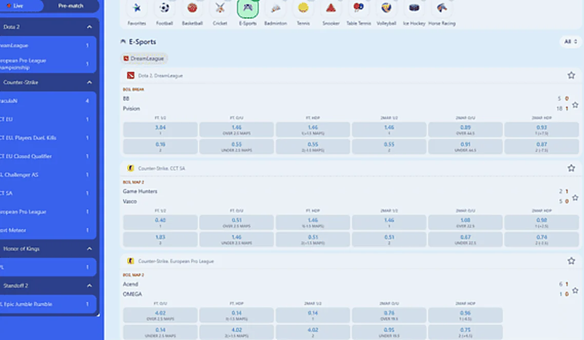 Esports tab with game titles and upcoming matches