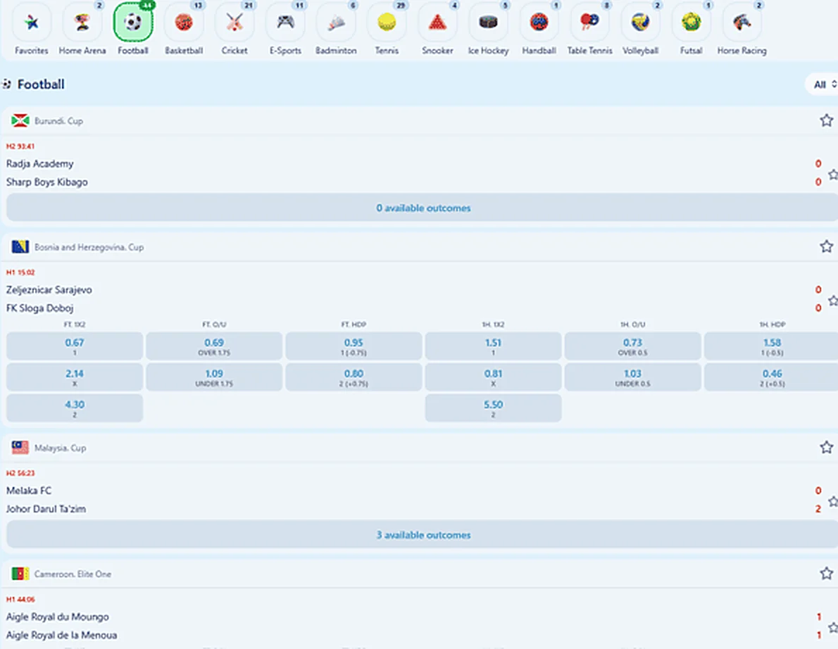 Football match page with outcome buttons and odds