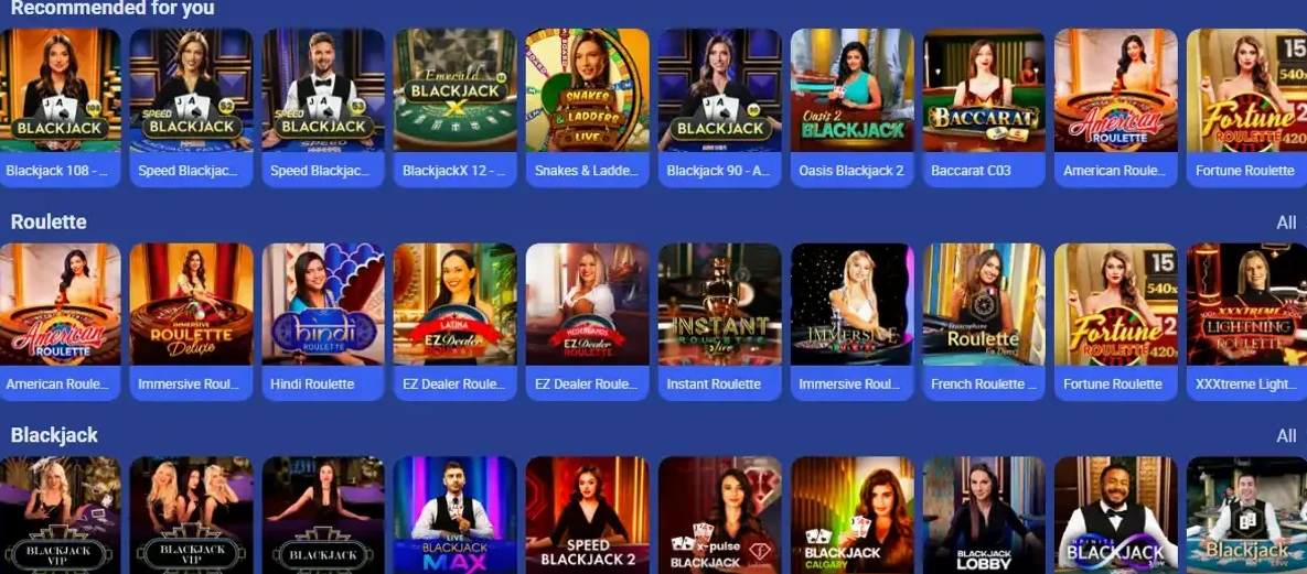 Grid of live dealer tables with player counts and limits
