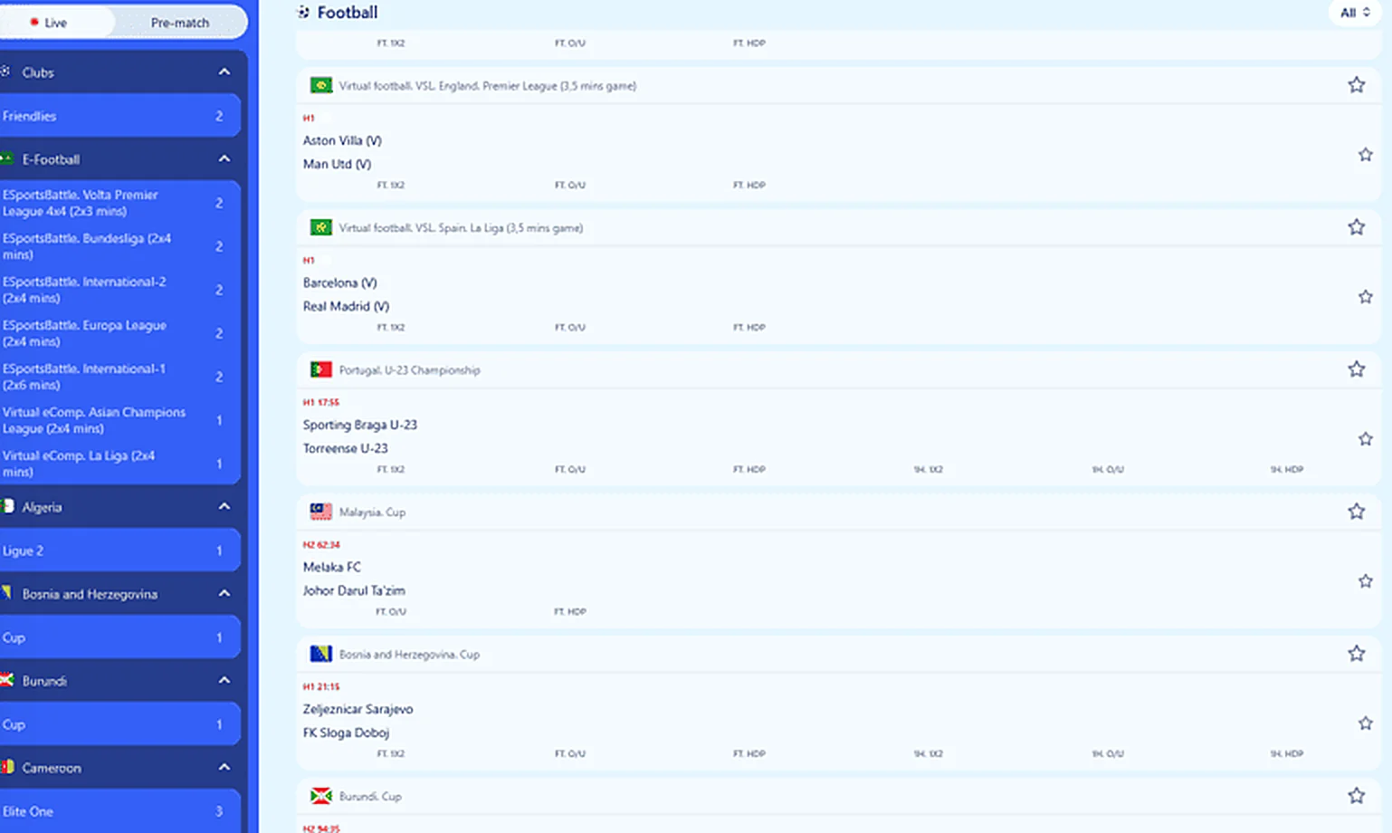 In-play market list with changing odds and match times