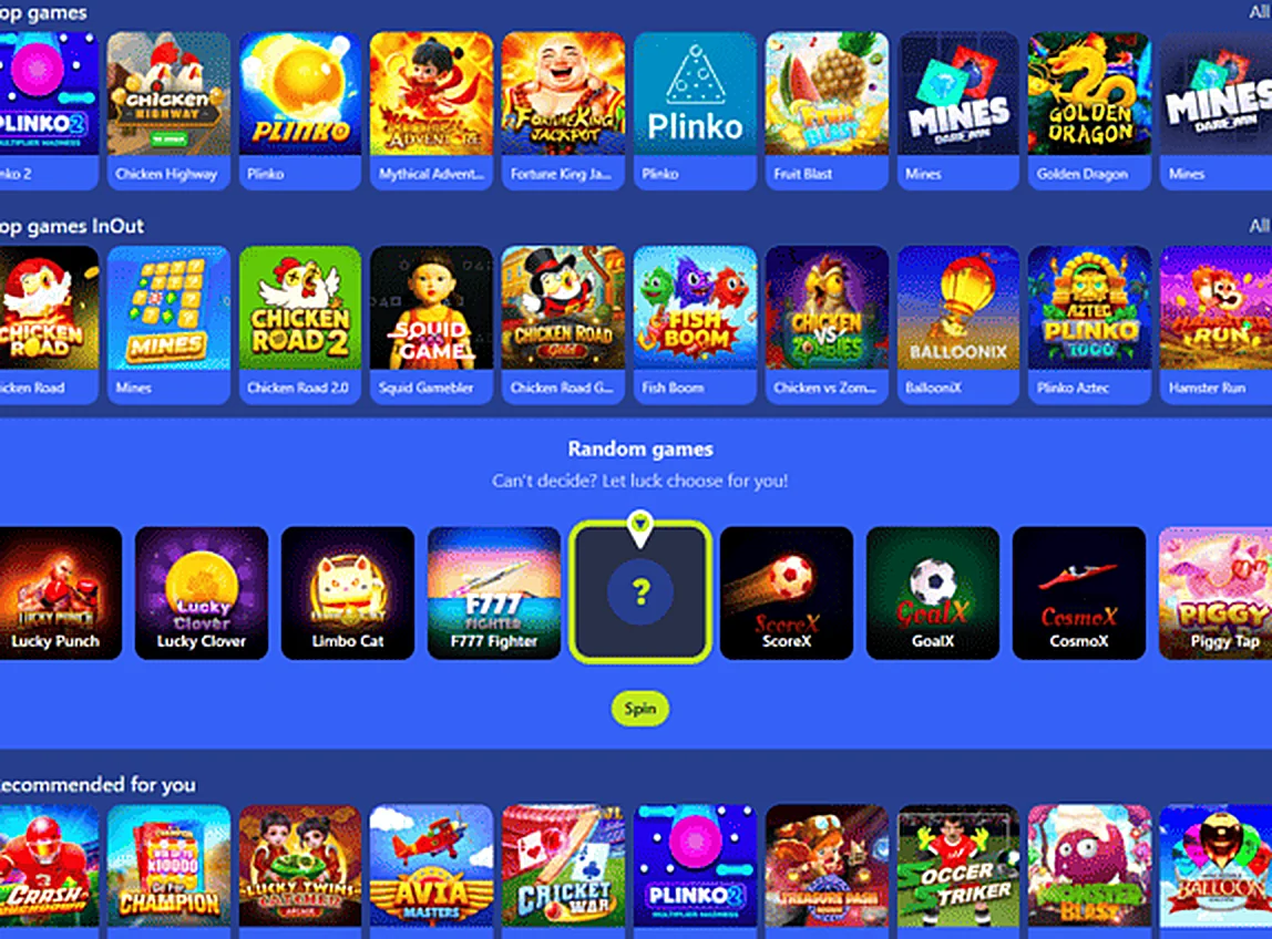 Instant games section of the casino lobby with crash style game tiles