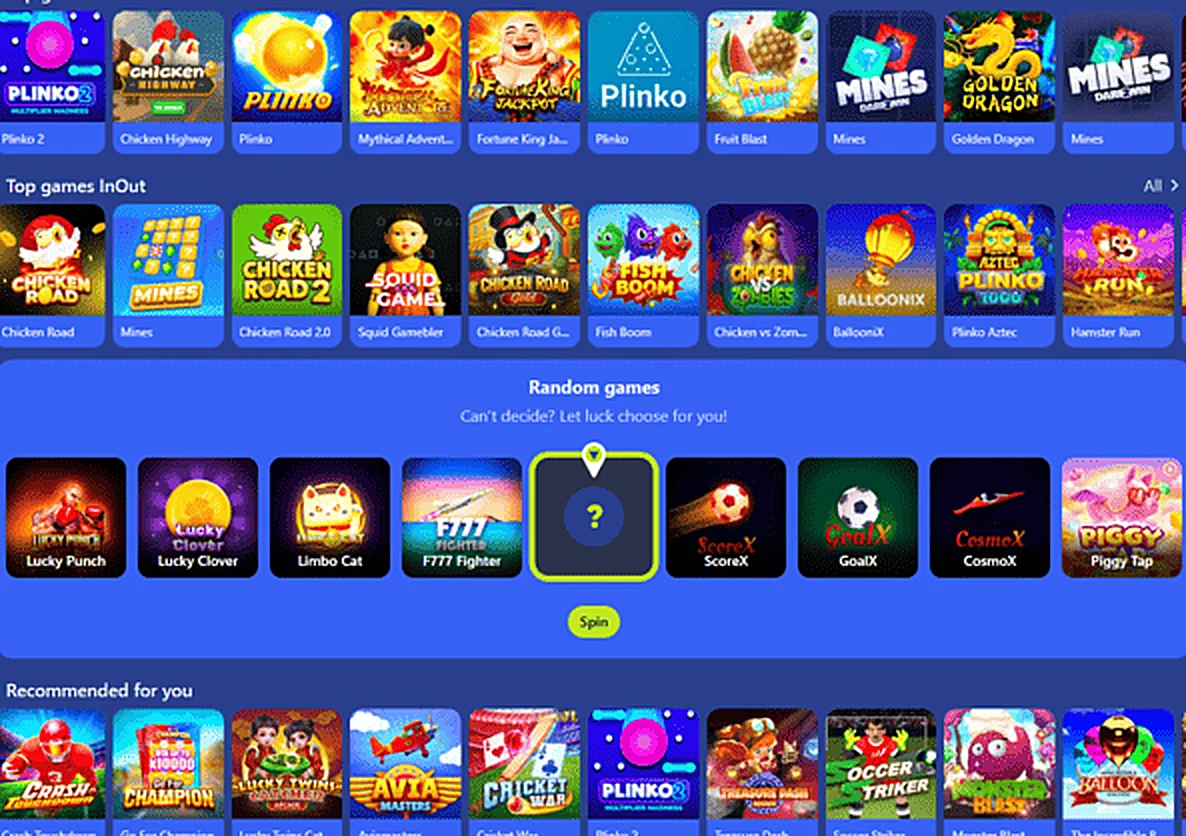Instant games section with fast round game tiles