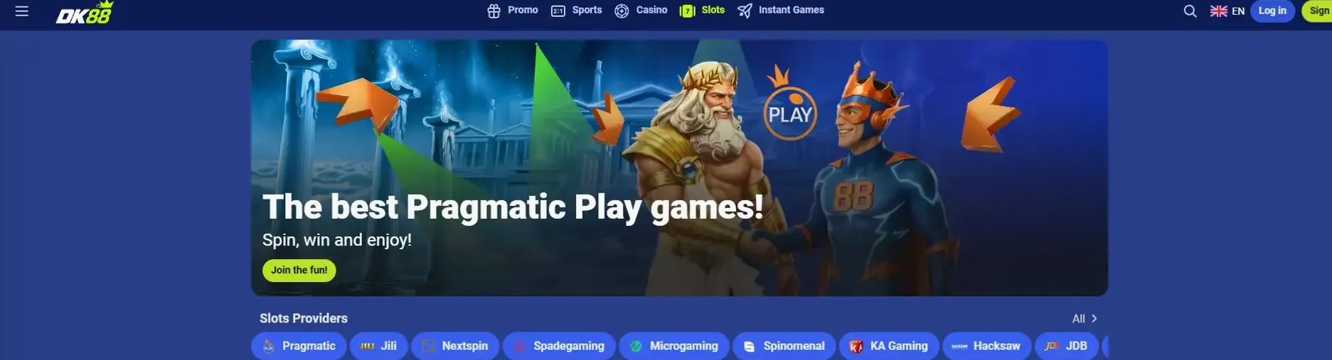Main casino lobby with category tabs above the game grid