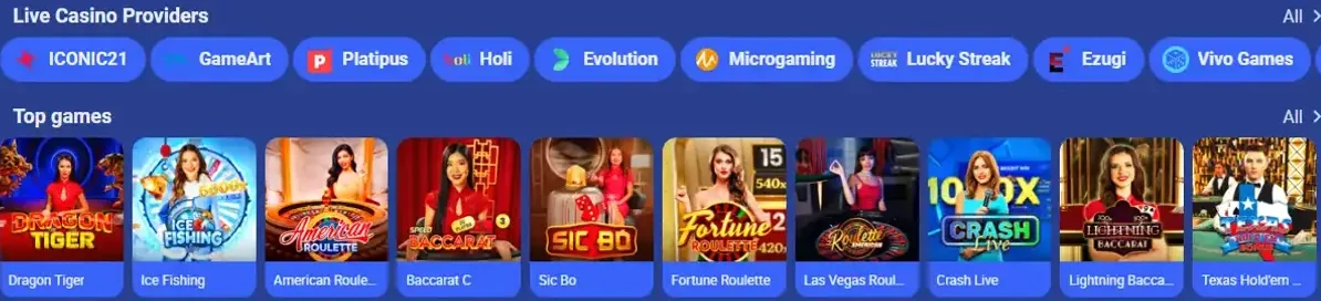 Provider filter panel listing game studios