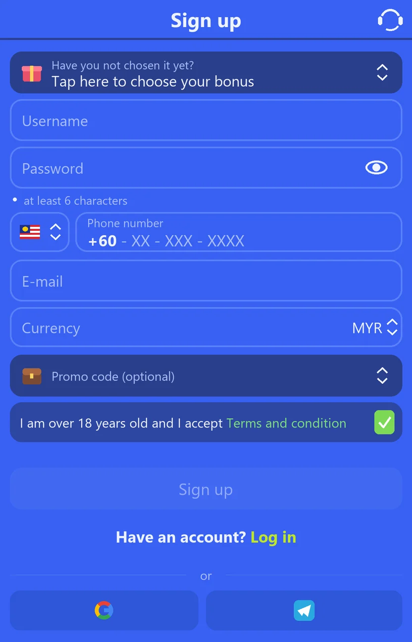 Registration form with email, username, password and mobile number fields