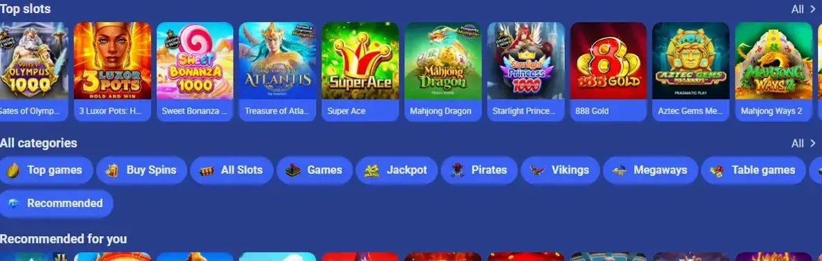 Slots catalogue with filter buttons and game thumbnails
