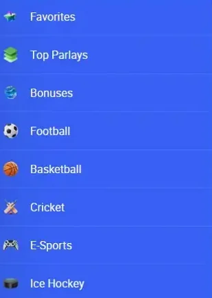 Sportsbook navigation menu listing sports categories